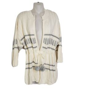 Apostrophe Womens Cardigan Sweater Large Pom Pom Cream Gray Tie Front 3/4 Sleeve